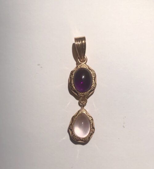 Amethyst and Rose Quartz Double Drop Pendant (Etched Frame)