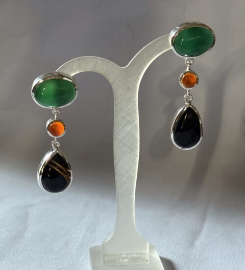 Green Onyx, Red Agate & Black onyx Triple Drop Earrings